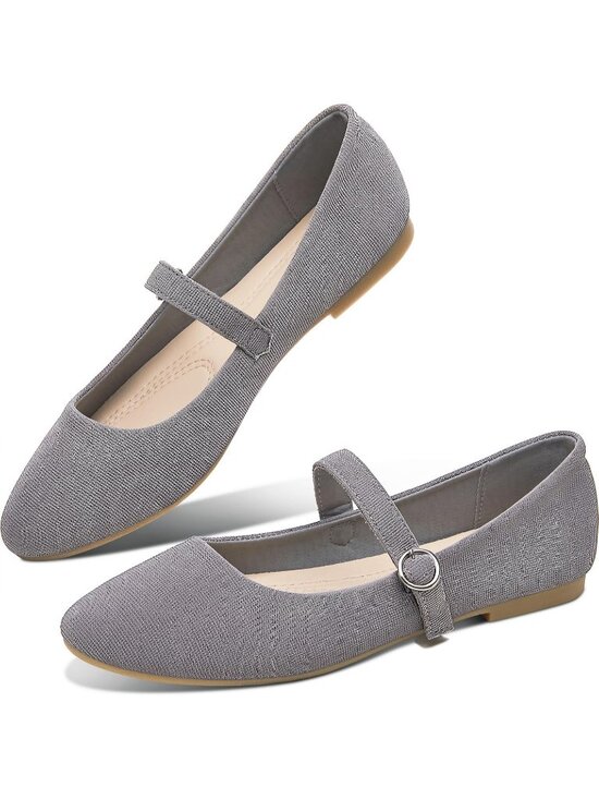 Shoes - Women's Grey Mary Jane Round Toe Ballet Flats Classic Strap Dressy Fabric Shoes